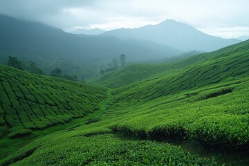 Obraz premium Rolling green tea plantations on misty mountain slopes, a scenic landscape.