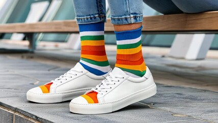 A photo of a teen girl with mismatched socks and white sneakers, promoting inclusivity and awareness.