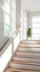 Modern Minimalist Wooden Staircase in Bright and Open Interior Space Featuring Natural Light