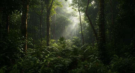 Obraz premium Lush Green Jungle Forest with Sunlight Streaming Through Trees
