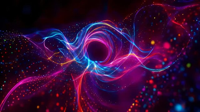 High-resolution video of swirling colorful particles in an abstract futuristic background.