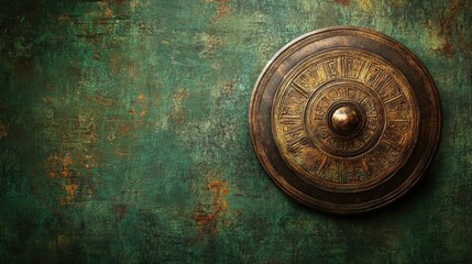 Fototapeta premium Large ancient bronze shield with detailed etchings placed on a green stone wall.