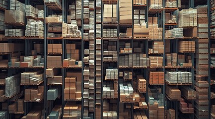 Fototapeta premium High Angle View of Full Warehouse Shelves with Variety of Cardboard Boxes
