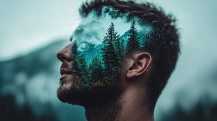Man's face merges with a nature scene in double exposure. Portrait overlaid with forest and mountain imagery. Conceptual image blending human and environment.
