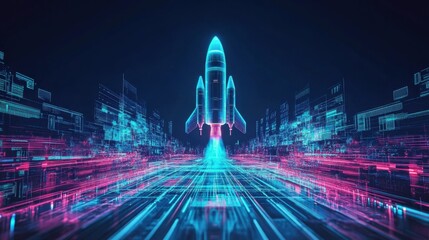 A rocket-shaped hologram with a cybernetic industrial background and neon blue accents