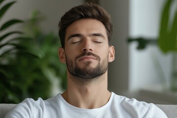 Obraz premium Relaxed Man With Closed Eyes – Concept of Meditation, Mindfulness, and Inner Peace