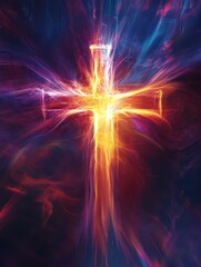 Ethereal Cross Symbol Illuminated Against Abstract Background Creating Powerful Christian Faith and Spiritual Belief Visualization