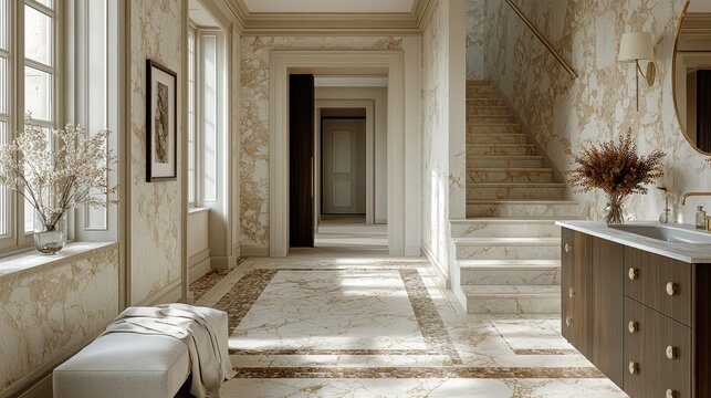 Elegant hall design with stairs, stone floor and neutral decor, for architecture blog