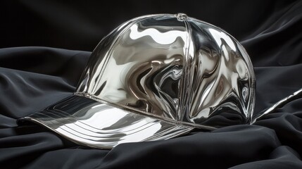 A sleek metallic silver helmet-style hat resting on a black background