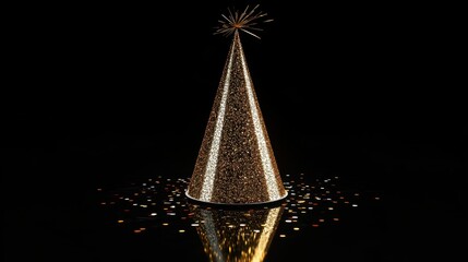 A sparkling gold party hat with glittery details placed on a midnight black background