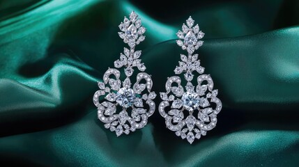 Fototapeta premium Ornate diamond chandelier earrings elegantly arranged on a silk emerald green fabric.