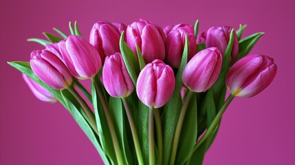 Fototapeta premium Blooming Pink Tulips Bouquet Against a Pink Background Floral Arrangement