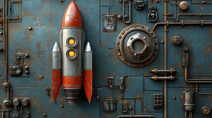 A steel-textured background featuring a D rocket rendering with industrial elements