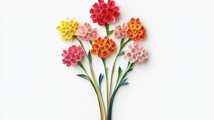 Fototapeta premium Elegant bouquet of multicolored paper carnations in quilling art on white background