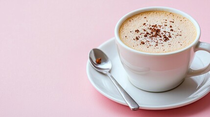 Cup of Frothy Coffee with Chocolate Sprinkles on Light Pink Background