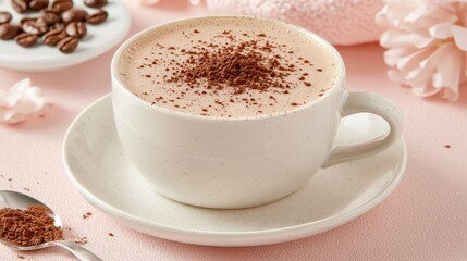 Obraz premium Hot Chocolate with Cocoa Powder and Coffee Beans on Pink Background