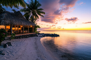 Fototapeta premium Tropical Beach Bar at Sunset – Caribbean Paradise by the Sea