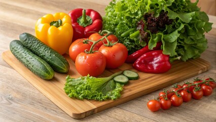 Bright and colorful still life of fresh vegetables: tomatoes, cucumbers, bell peppers, lettuce, arranged on a wooden chopping board.
