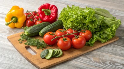 Freshly harvested assortment of colorful vegetables on a wooden cutting board, perfect for healthy eating and salads.
