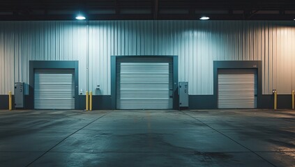 Obraz premium Night View of Industrial Warehouse with Three Loading Docks