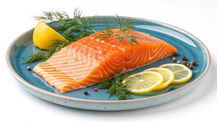 High angle shot of a fresh salmon fillet on a blue plate with lemon and dill, ideal for culinary and healthy eating themes.
