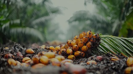 Harvesting Palm Fruit Bunch in Tropical Plantation for Oil Production