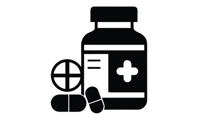 Medicine bottle silhouette, pills icon, pharmaceutical vector illustration