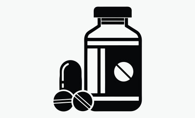 Medicine bottle silhouette, pills icon, pharmaceutical vector illustration