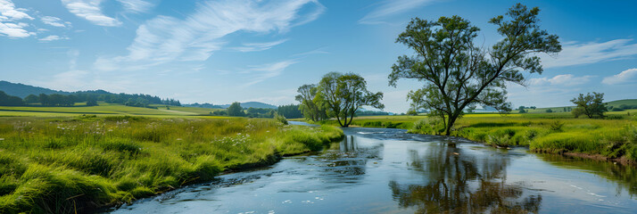 Fototapeta premium Tranquil River Landscape with Lush Meadows and Majestic Trees
