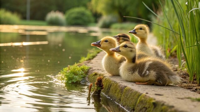 Delightful photograph of three cute baby ducks nestled together on the shore of a pond, bathed in warm, afternoon sunlight.
