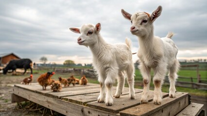 Fototapeta premium Lovely picture of two curious goat kids at a wooden table on a farmyard, one looking alertly while the other watches, in a peaceful countryside setting. 