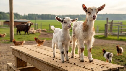 Obraz premium Captivating image showcasing two adorable baby goats standing on a wooden bench, with a backdrop of a farm and grazing animals under a gentle sky. 