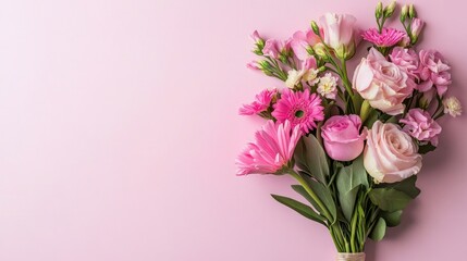 Soft pastel bouquet of spring flowers on a dreamy gradient background.