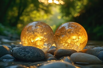 Two luminous citrine spheres rest on smooth river stones, bathed in golden sunset light.