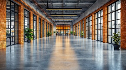 Fototapeta premium Empty bright office space with windows and potted plants, background office workers