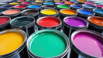 Fototapeta premium Vibrant paint cans in various colors arranged in an inspiring pattern