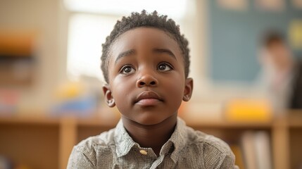 Young African American Boy Looking Upward with Hopeful Expression