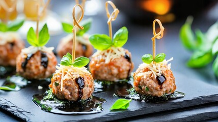 Gourmet meatball skewers with fresh herbs and sauce, stylish appetizer for event catering and high-end restaurant menus