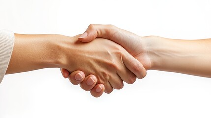 Two people demonstrate teamwork through a handshake in a clean white space