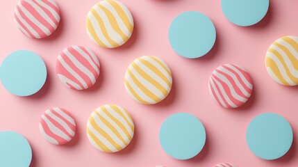 Obraz premium Pastel Geometric Pattern with Striped Round Shapes on Pink Background