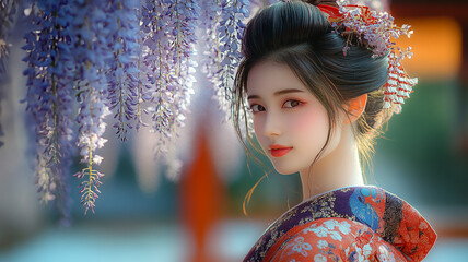 藤の花と微笑む舞妓の春景色 /Spring Scene with Wisteria and Smiling Maiko Generative AI