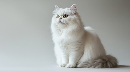 Fototapeta premium Fluffy white Persian cat poses elegantly in studio setting with soft lighting