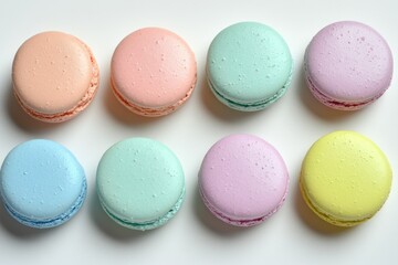 Six pastel-colored macarons arranged neatly on a white background.
