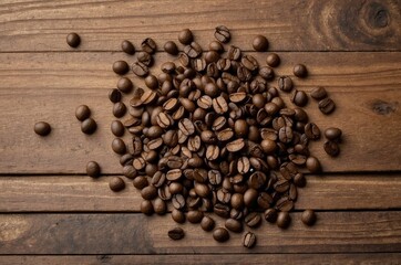 Freshly roasted coffee beans on wooden surface