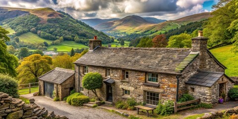 Obraz premium Ancient stone cottage in rural English village nestled among hills and trees with Lake District scenery in background, rural life, nature scenery