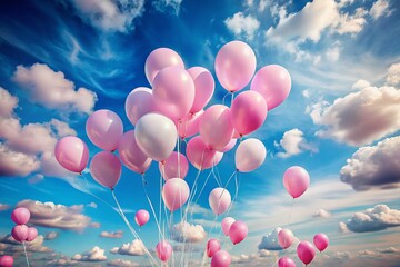 Fototapeta premium Dreamy Pink Balloons Floating in a Blue Sky with Clouds - Long Exposure Stock Photo