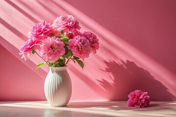 Dreamy Pink Flowers in White Vase, Soft Pink Wall, Sunlight Shadows, Peaceful Atmosphere, Copy Space