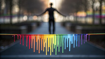 Person balances on vibrant, rainbow-colored line with outstretched arms, set against a blurred urban park background.
