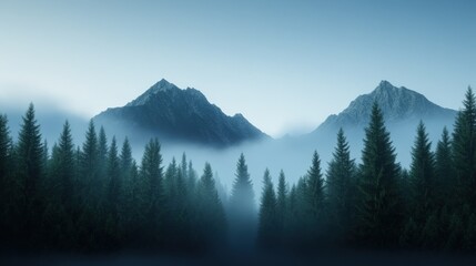misty mountains and pine trees landscape