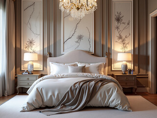 Elegant bedroom interior design with chandelier luxury home modern aesthetics cozy atmosphere